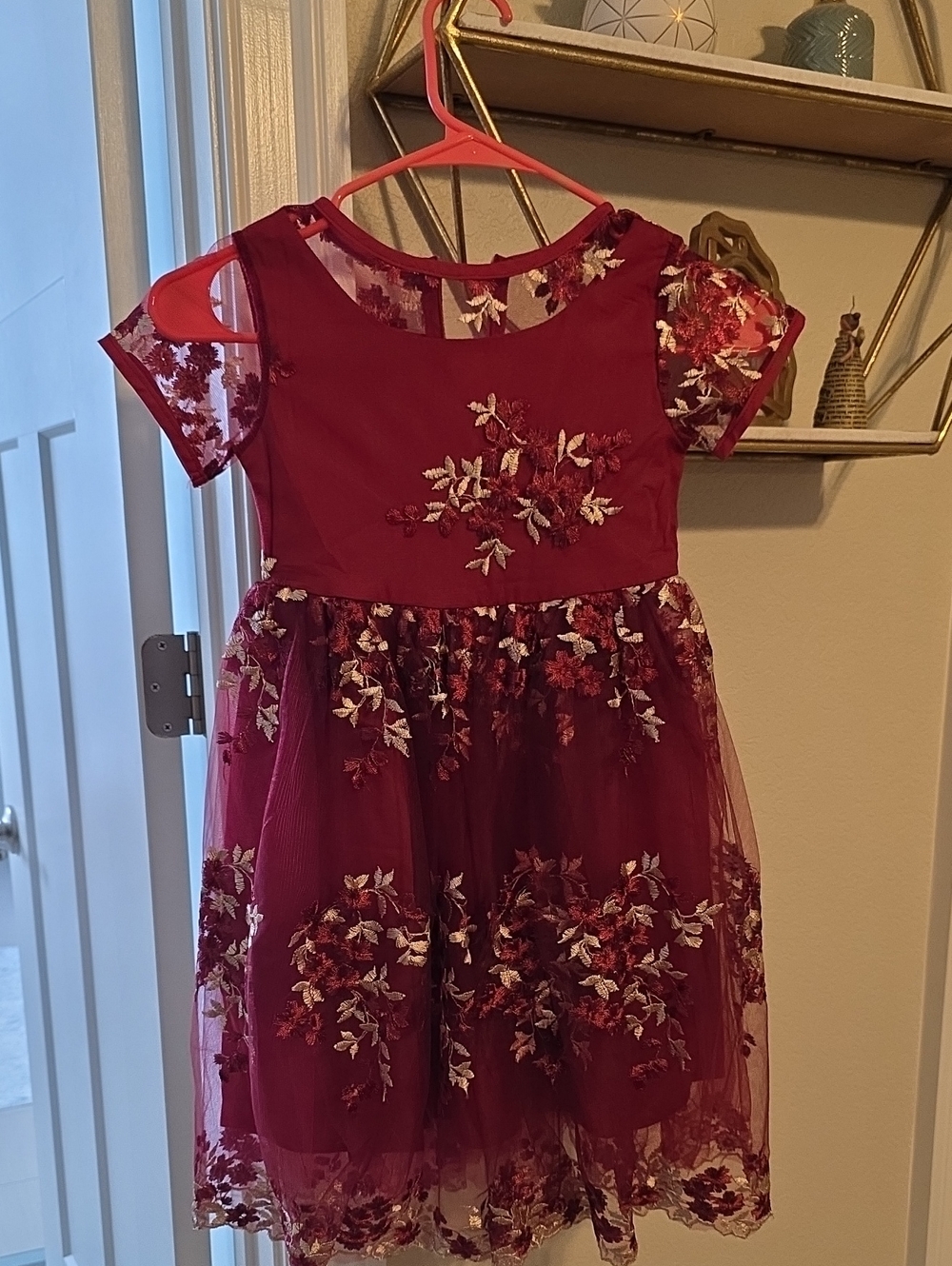 Girls Burgundy Floral Embroidered Tulle Party Dress